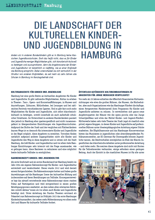 Screenshot eines Zeitschriftenartikels mit Titel "Die Landschaft der Kulturellen Kinder- und Jugendbildung in Hamburg"