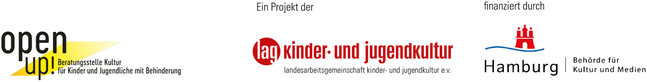 Logos von Open Up, der LAG Kinder- und Jugendkultur e.V. (Projektträgerin) und der finanzierenden Behörde für Kultur und Medien Hamburg