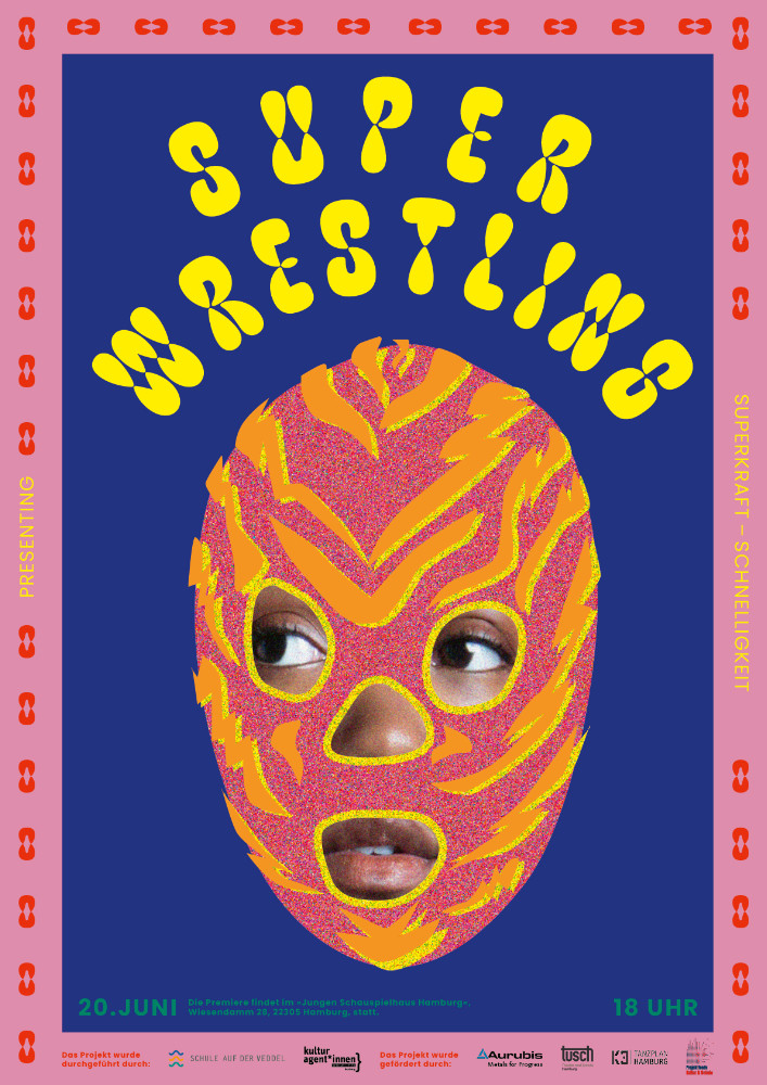 Plakat mit dem Titel Superwrestling und einem Kind mit einer Lucha Libre auf.