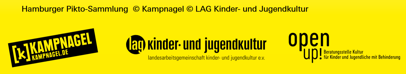 Logos von Open Up, der LAG Kinder- und Jugendkultur e.V. (Projektträgerin) und der finanzierenden Behörde für Kultur und Medien Hamburg